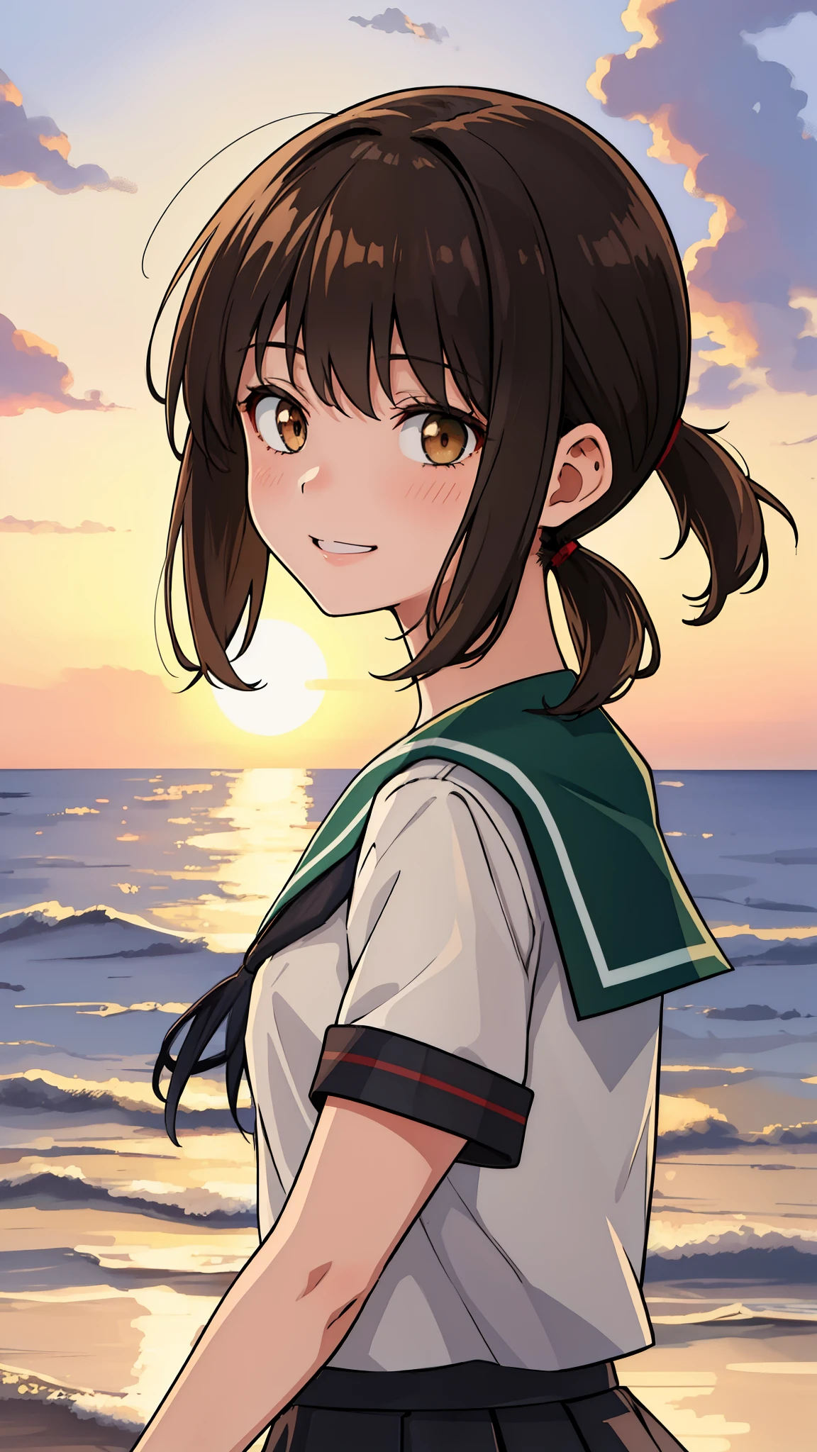 (masterpiece, best quality:1.2),illustration,8k,HD,Seaside,Sunset sky,1girl,solo,brown eye,upper body,(portrait:1.2),black_hair,short_ponytail,white seraph,sidelocks,low_ponytail,green_eyes,smile,black_eyes,school_uniform,pleated_skirt,skirt,