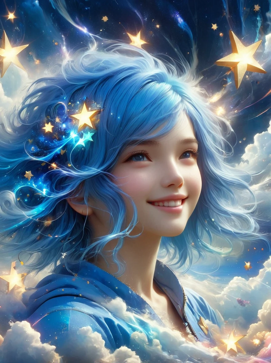 masterpiece, best quality, Aesthetic, fantasy, illusion, 1 Girl, cute女孩的照片, detailed face, Relaxed smile, charming, 不symmetry头发, Swaying hair, Electric blue hair, glow, cloud, color斑斓的天空, Star, shattered, Space style, Vortex Magic Style, Silva Magic Style, legendary, outstanding, Beautifully, elegant, luxury, Creative, beautiful classic contemporary detailed cinematic composition, Expressive and dynamic dramatic atmosphere, Spectacular lighting, symmetry, detailed, 丰富的color, Environmental background, Inspiring, cute、magnificent、Clarity、Wonderful、Surreal、Perfect、complex、color, Astonishing, epic, huge, imposing, amazing, strange, fascinating, huge