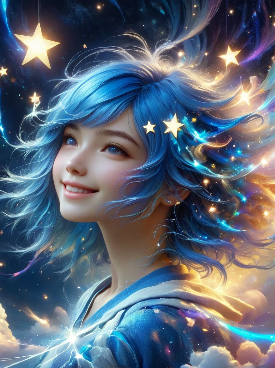 masterpiece, best quality, Aesthetic, fantasy, illusion, 1 Girl, cute女孩的照片, detailed face, Relaxed smile, charming, 不symmetry头发, Swaying hair, Electric blue hair, glow, cloud, color斑斓的天空, Star, shattered, Space style, Vortex Magic Style, Silva Magic Style, legendary, outstanding, Beautifully, elegant, luxury, Creative, beautiful classic contemporary detailed cinematic composition, Expressive and dynamic dramatic atmosphere, Spectacular lighting, symmetry, detailed, 丰富的color, Environmental background, Inspiring, cute、magnificent、Clarity、Wonderful、Surreal、Perfect、complex、color, Astonishing, epic, huge, imposing, amazing, strange, fascinating, huge