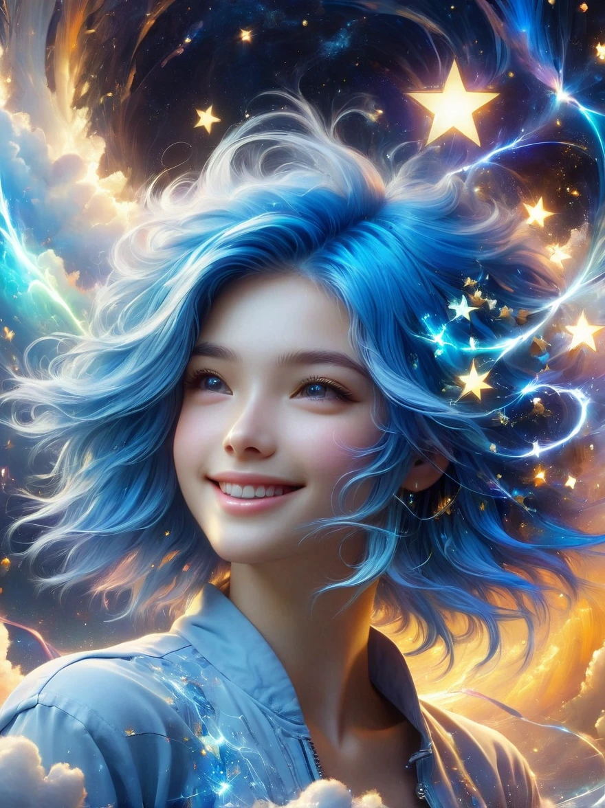 masterpiece, best quality, Aesthetic, fantasy, illusion, 1 Girl, cute女孩的照片, detailed face, Relaxed smile, charming, 不symmetry头发, Swaying hair, Electric blue hair, glow, cloud, color斑斓的天空, Star, shattered, Space style, Vortex Magic Style, Silva Magic Style, legendary, outstanding, Beautifully, elegant, luxury, Creative, beautiful classic contemporary detailed cinematic composition, Expressive and dynamic dramatic atmosphere, Spectacular lighting, symmetry, detailed, 丰富的color, Environmental background, Inspiring, cute、magnificent、Clarity、Wonderful、Surreal、Perfect、complex、color, Astonishing, epic, huge, imposing, amazing, strange, fascinating, huge