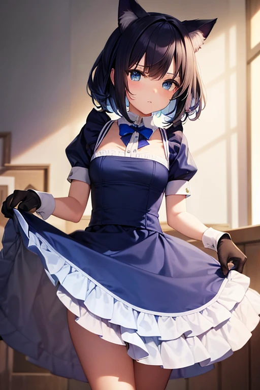 cute, A maid outfit featuring deep blue and cobalt stripes., Short stature, Standing directly in front of you, Cat ear, Blue-green eyes, Light brown hair, Staring at me curiously, Paw-like gloves, Cat's Tail