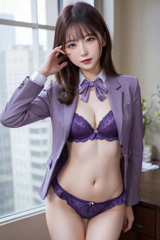 OL，business suit、The chest is open、F cup、Seductive Pose、Hands between the crotches、Frilled underwear、Purple Panties