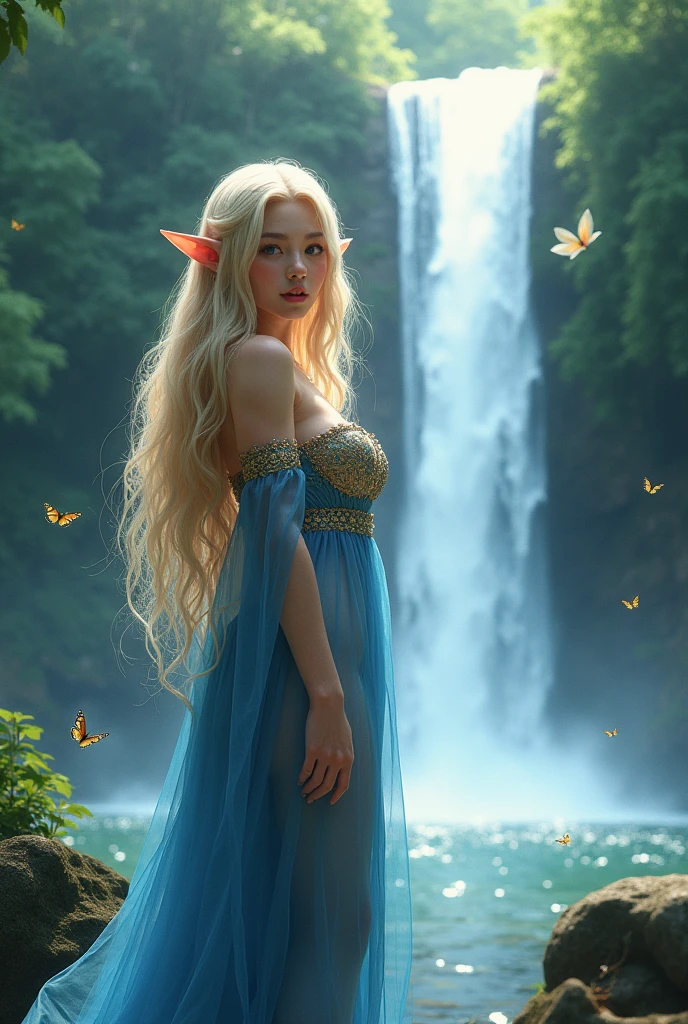 (photorealism:1.2), minamoto shizuka, Best quality, ultra-high-detailed, in a seductive pose. Detailed face, detailed full body, big breast, curvy ass, oily skin, symmetric face, cute, with a belly pin, ponytail hairstyle, blonde elf girl with long wavy hair and blue eyes, pussy cameltoe in a blue long see through sheer dress with gold embroidery, top stripped at breast making her breast naked, standing in front of a waterfall in a dense forest, butterflies flying around her, enjoing the nature, solo, wind blowing lift ups her sheer and her pussy is visible
