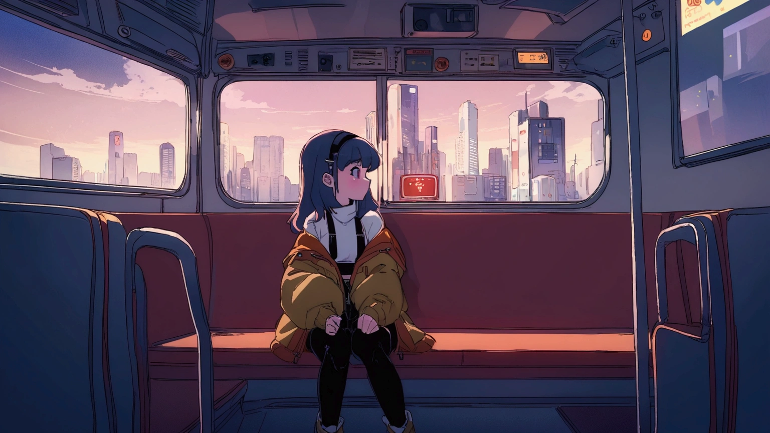 anime girl sitting on a bus looking out the window at the city, an anime drawing by Yuumei, trending on cg society, digital art, lofi hip hop, lofi girl, lofi artstyle, lofi art, lofi feel, chillhop, lofi vibes, lofi aesthetic, lofi, lofi girl aesthetic, anime aesthetic