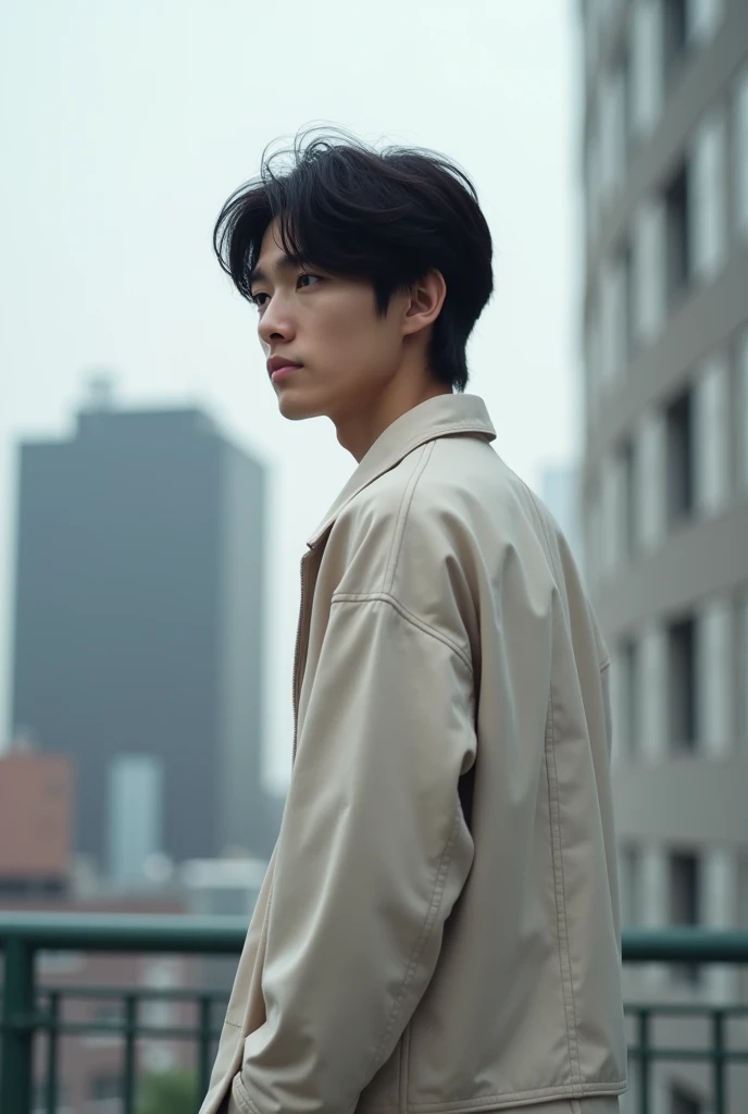 23 years old Japanese male university student Hairstyle parted in the center I can see your forehead Simple Outfit color of clothing(monotone) Full body photo(Photos where the face is hard to see) profile place(Urban city)