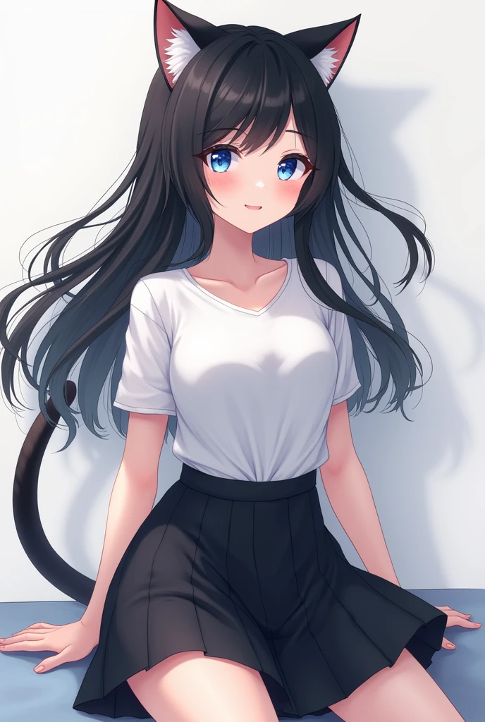 catgirl,white T-shirt,black skirt,black hair,blue eyes,