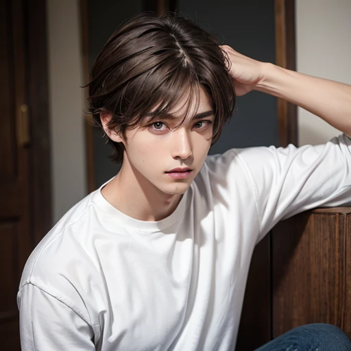 Boy, brown hair, gray eyes, serious sharp features, white skin, jeans style