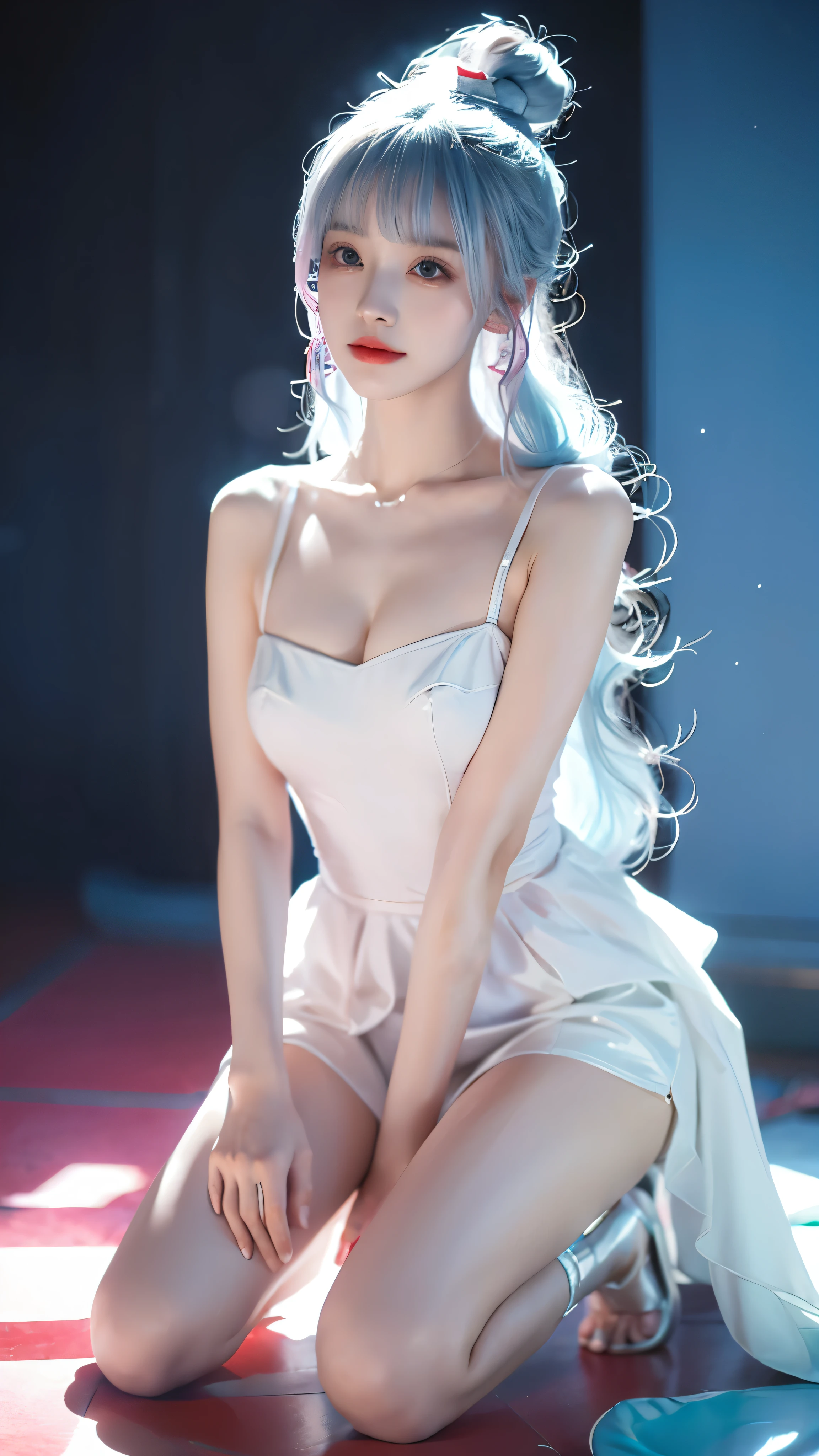 Ayaka, Genshin Impact, kamisato Ayaka,  ((Shot in the knee)),（masterpiece、best quality、high resolution），（Colored background，（Splash of Color）），Sweet girl，Light blue and white medium length hair，[Light Blue|pink]hair，curls，shining，红pink的嘴唇，Large cracks，Splash of Color，Volumetric Lighting，Full breasts, Elegant Posture, Sexy slender legs