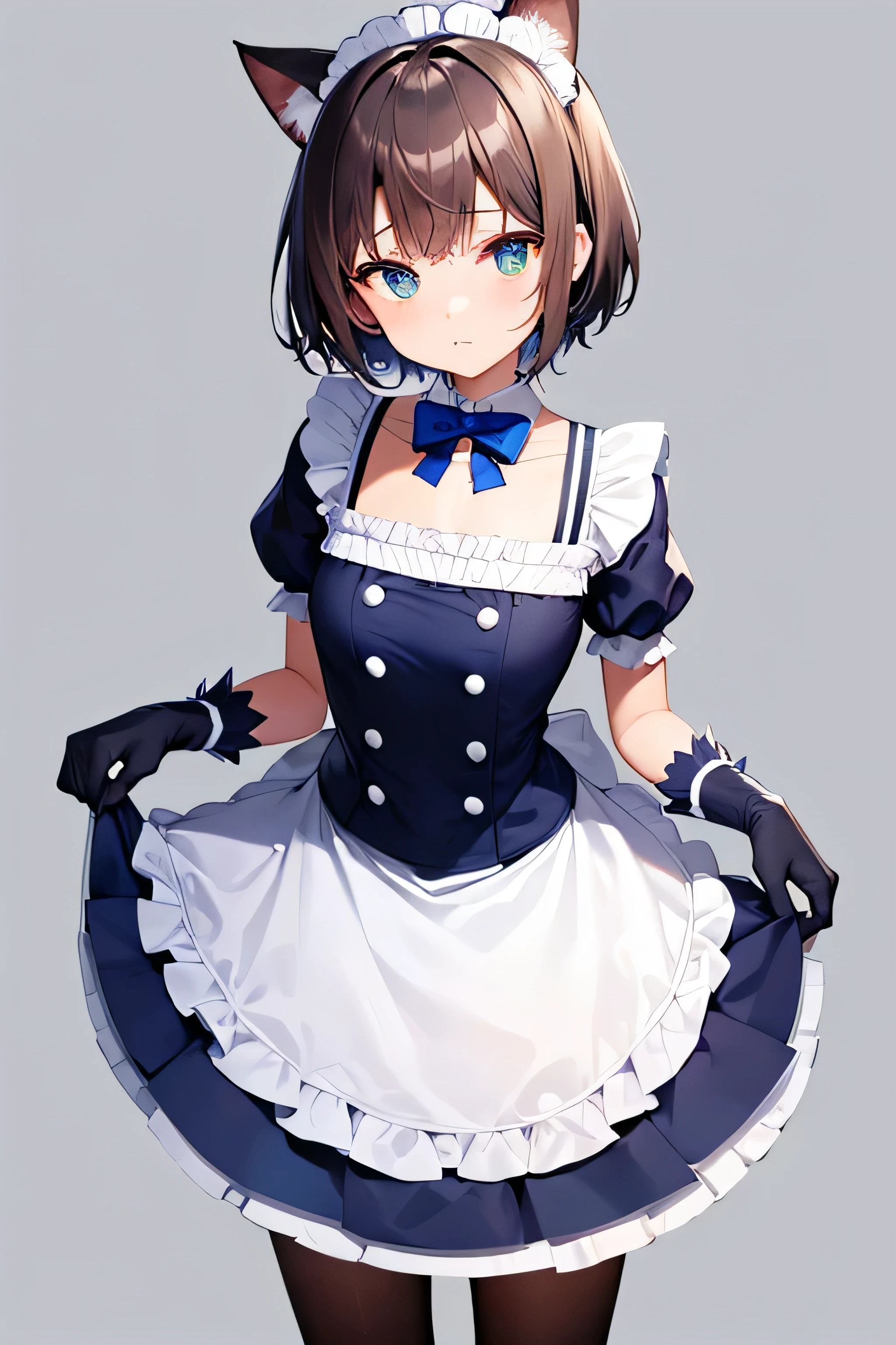 cute, A maid outfit featuring deep blue and cobalt stripes., Short stature, Standing directly in front of you, Cat ear, Blue-green eyes, Light brown hair, Staring at me curiously, Paw-like gloves