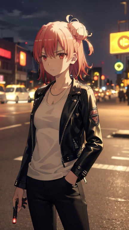 best quality, high quality, ultra quality, 8k, masterpiece, detailed, extremely detailed, insanely detailed, ultra detailed, ultra highres ,exquisite,
lifelike Images,cinematic experience,UHD picture,Realistic,photorealistic,hyperrealistic,vivid,RAW photo,shot by DSLR, One girl, (black leather jacket:1.3), white tank top, black leather pants, cyberpunk city,Long straight black hair,Glaring at me,Midnight,Left hand in pocket,Smoking a cigarette