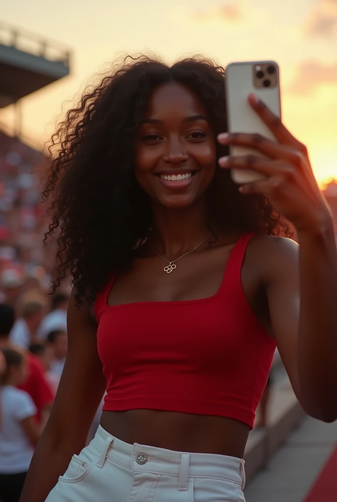darkskin ebony 1girl, selfie photo hyper realistic curly long black hair mirror photos 8k ultra hd, cheering at the olympics, sitting in crowd, red crop top, white pants, sunset lighting