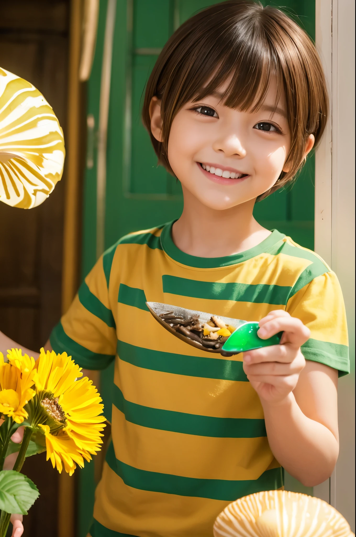 Red eyes, , Holding a knife, A yellow-green striped shirt with thick stripes, Red eyesが赤く光る, Tilt your head, Short brown hair、mushroom head, With a bright smile on his face, Character, Second Dimension, Golden flowers with a line of light overhead々standing between