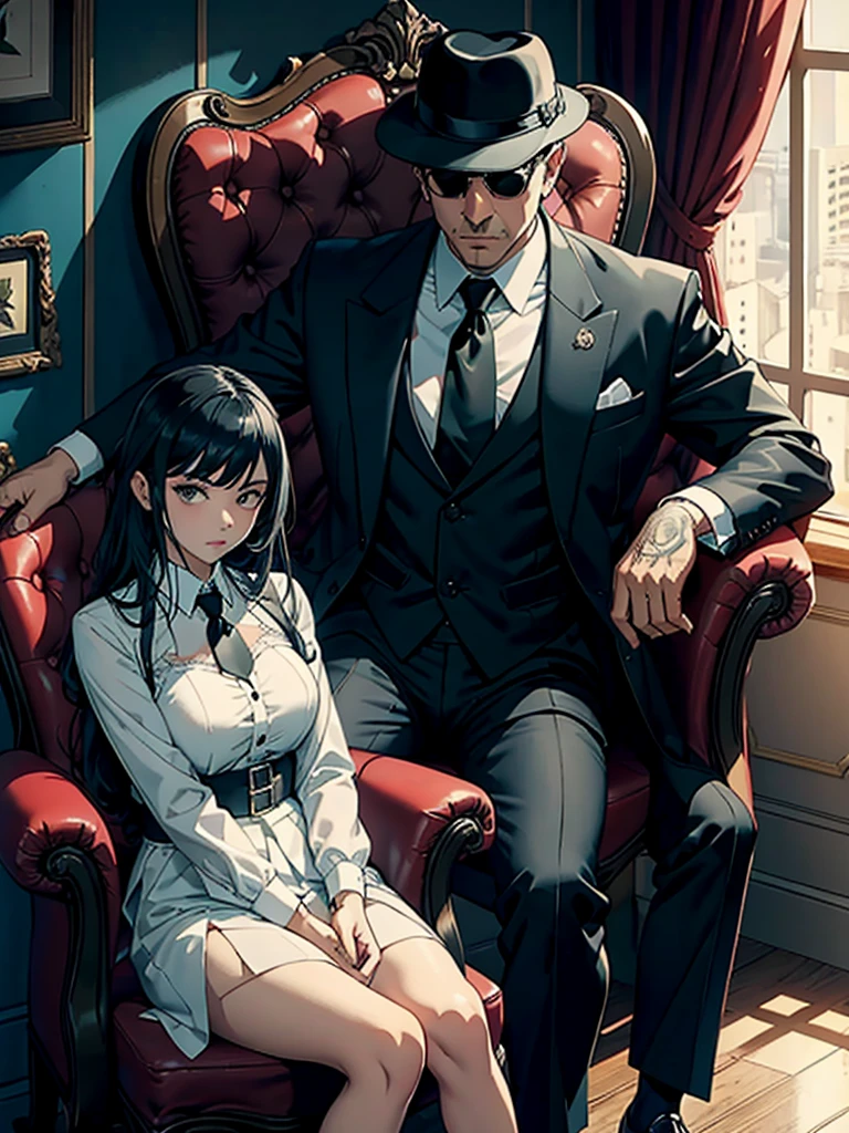 Mafia boss, Mafia gang, sitting on a chair, holding a girl, sitting and posing.