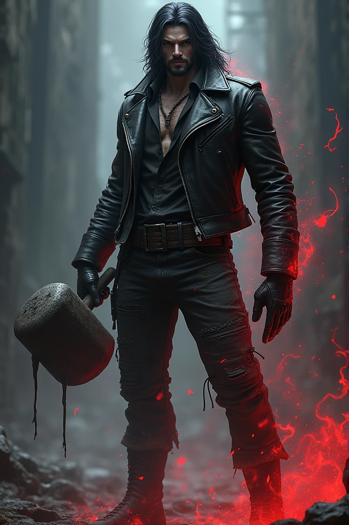 Nick has black hair and pale white skin and wears a leather jacket and jeans and uses black and red aura and a large double mallet hammer and he has dark mist power. 