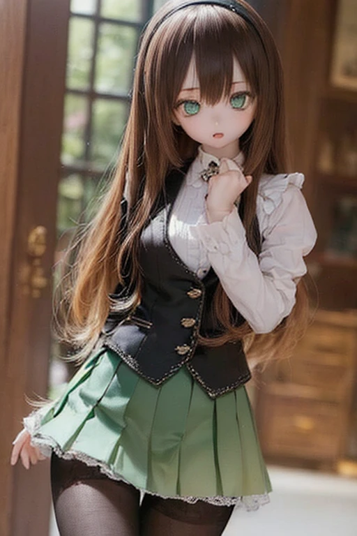 (SFW:2), photorealistic, realistic photo, 8k, ((highest quality)), ((masterpiece)), (extremely detailed), kukolnydom, doll, (mature woman, 21yo, 21 years old, solo:1.6), ((cowboy shot, contrapposto, slim, slender, skinny, medium breasts, hairband, ascot, vest, blouse, long puff sleeves, pleated skirt, black pantyhose)), (green eyes, brown hair, long hair, plastic skin, looking at another, glass eyes, gradient eyes, shining eyes, detailed eyes:1.3)