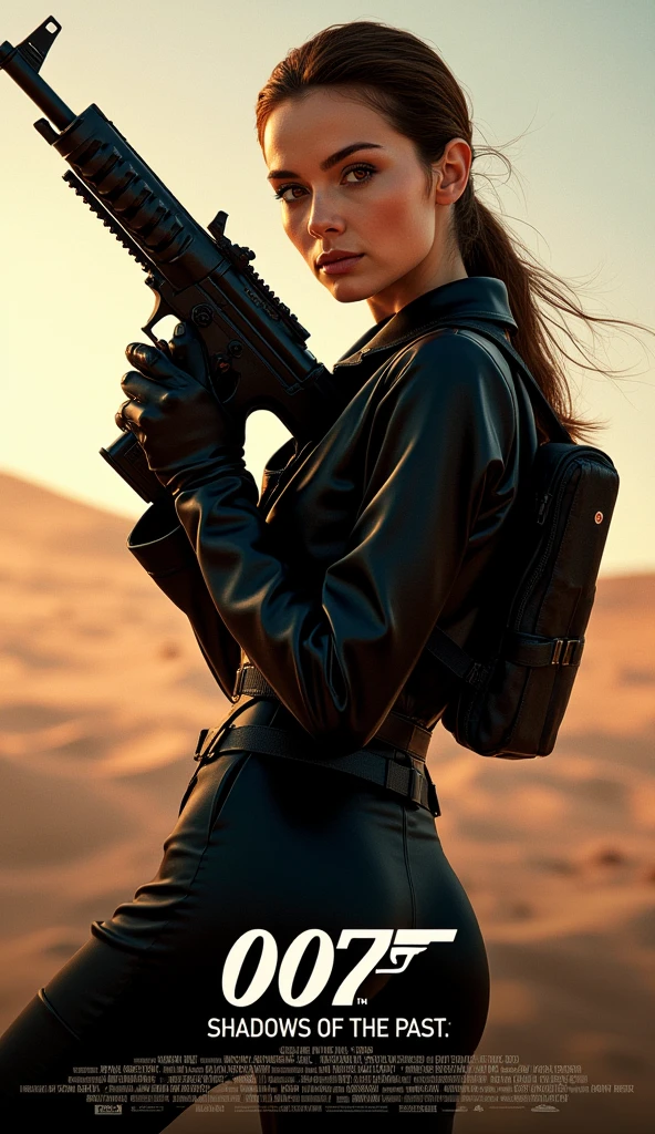 A striking and appealing cinema poster featuring a stylish portrait of a young elegant woman in the style of a bond girl ia tactical suit with assault riffle
The title of the film "007: Shadows of the Past" is large and easy to read, in a distinctive font.
Background: A thematically appropriate background a dramatic desert landscape
Credits: At the bottom of the poster are often the names of the main actors, director and other key contributors, production studio.