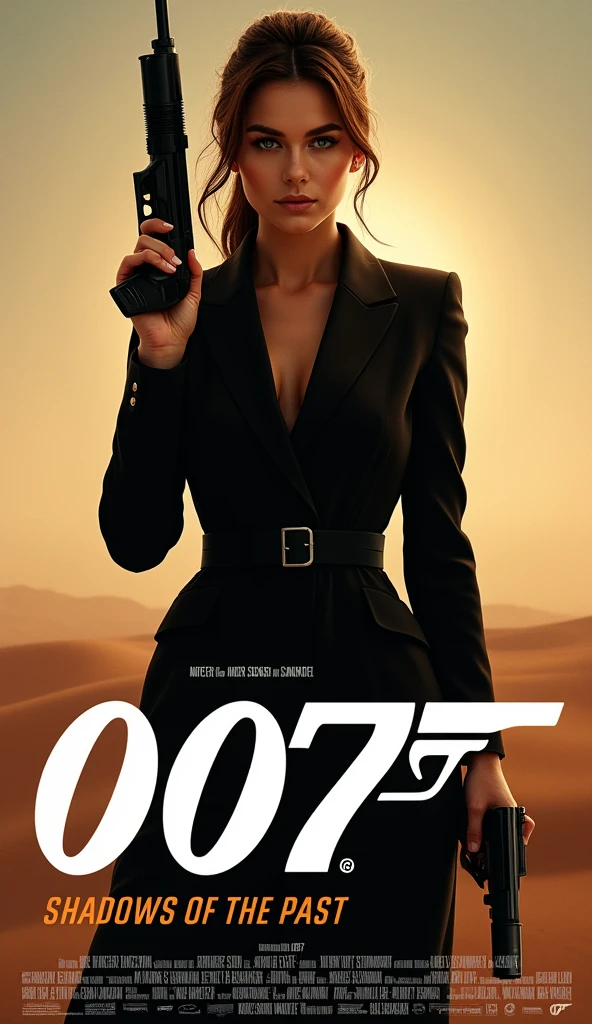 A striking and appealing cinema poster featuring a stylish portrait of a young elegant woman in the style of a bond girl ia tactical suit with assault riffle
The title of the film "007: Shadows of the Past" is large and easy to read, in a distinctive font.
Background: A thematically appropriate background a dramatic desert landscape
Credits: At the bottom of the poster are often the names of the main actors, director and other key contributors, production studio.