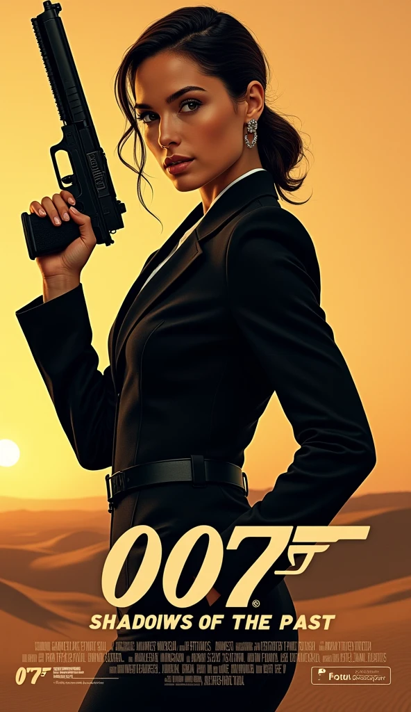 A striking and appealing cinema poster featuring a stylish portrait of a young elegant woman in the style of a bond girl ia tactical suit with assault riffle
The title of the film "007: Shadows of the Past" is large and easy to read, in a distinctive font.
Background: A thematically appropriate background a dramatic desert landscape
Credits: At the bottom of the poster are often the names of the main actors, director and other key contributors, production studio.