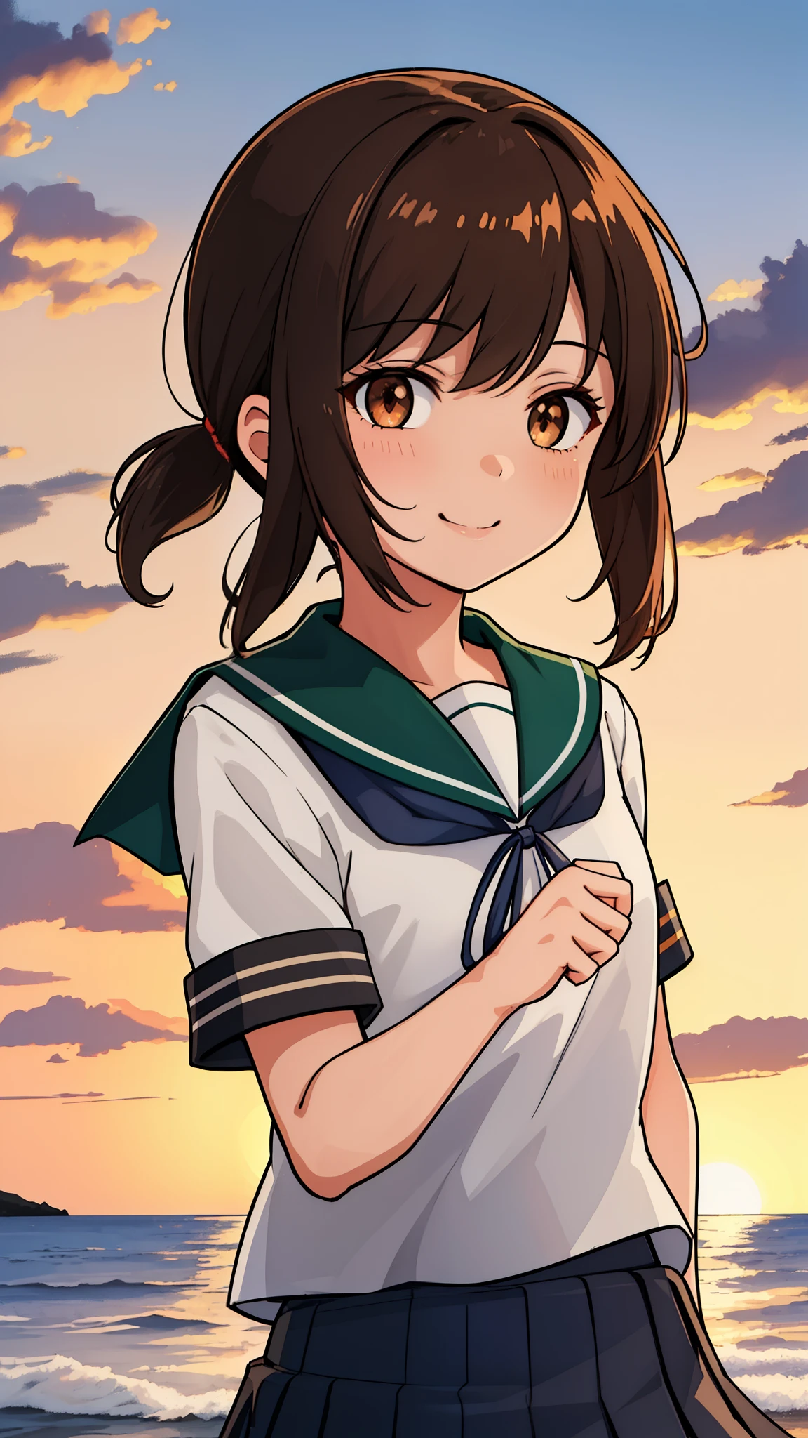 (masterpiece, best quality:1.2),illustration,8k,HD,Seaside,Sunset sky,1girl,solo,(brown eye:1.2),upper body,(portrait:1.2),black_hair,short_ponytail,white seraph,sidelocks,low_ponytail,green_eyes,smile,black_eyes,school_uniform,pleated_skirt,skirt,