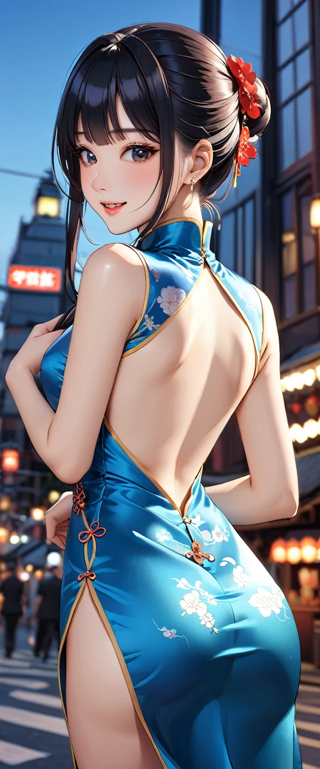 Miss,20 years old,City,(((Blue silk cheongsam))),,Open mouth smile((Black Hair)),blush、,((Look back))()Reflecting the buttocks