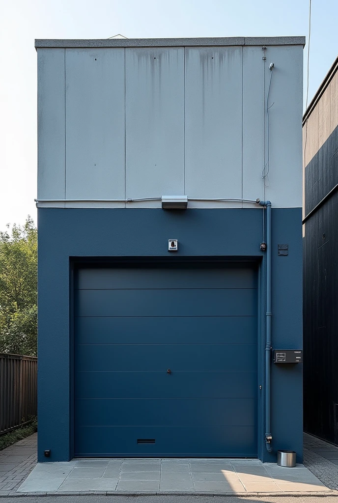 I would like to see how an idea I have for painting the facade of my business turns out., workshop facade in dark blue from the middle to the bottom in light gray from the middle to the top it is a workshop and I would like to see what the front of the workshop would look like the facade of the workshop in blue and light gray colors