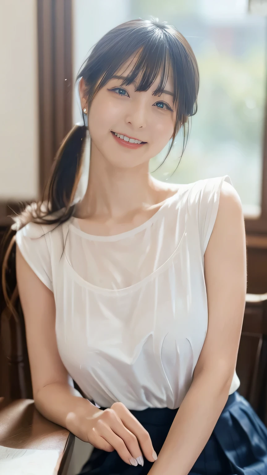 masterpiece, Highest quality, 8k,Ultra-high resolution、Head to knee photo、 20th Generation, Large Breasts, cute, alone, smile, cute, high school girl、White blouse、Navy blue pleated skirt, cute、Delicate girl, Pure beauty, sitting in classroom、 RAW Photos, Professional photography, Soft Light, Professional Lighting, Backlight, avert your eyes, Sophisticated, Film Grain, (Eye and facial details:1.0), Floating Hair、ponytail,Asymmetrical bangs, Round face、Young Face、(Large Breasts:1.4)、Voluptuous thighs、Translucent white skin、(Heterochromia iridis、The left and right eyes are different colors)
