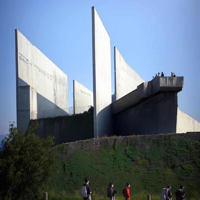 With a large building in the background、people々Standing on the hill。, 巨大なwall, View from the side, wall, high wall, Low angle view, Side view from afar, concrete wall, Seen from the ground, I saw your profile from afar, View from outside, The photo shows a large, Full shot of the landscape, View from afar, 白wallの複合施設