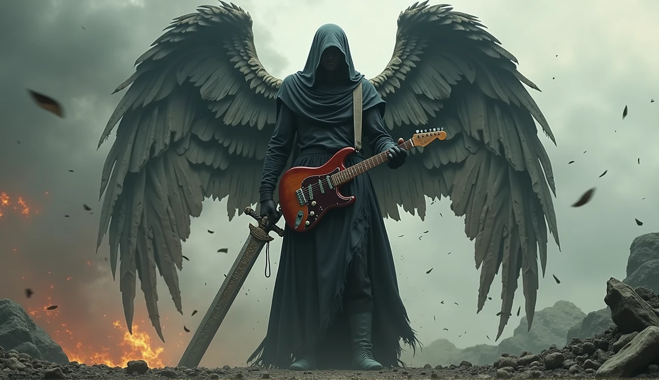 realisitic, 4K, A fallen angel with big wings, a sword, electric guitar in his hand, a hood over the head in the background image of a war (haos)