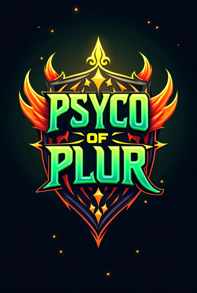 E-sports team shield from moba style game, in the background with the Ohm symbol of Hinduism, with the name "Psyco Plur" written in neon green and orange in the foreground with elements of Hinduism and India.