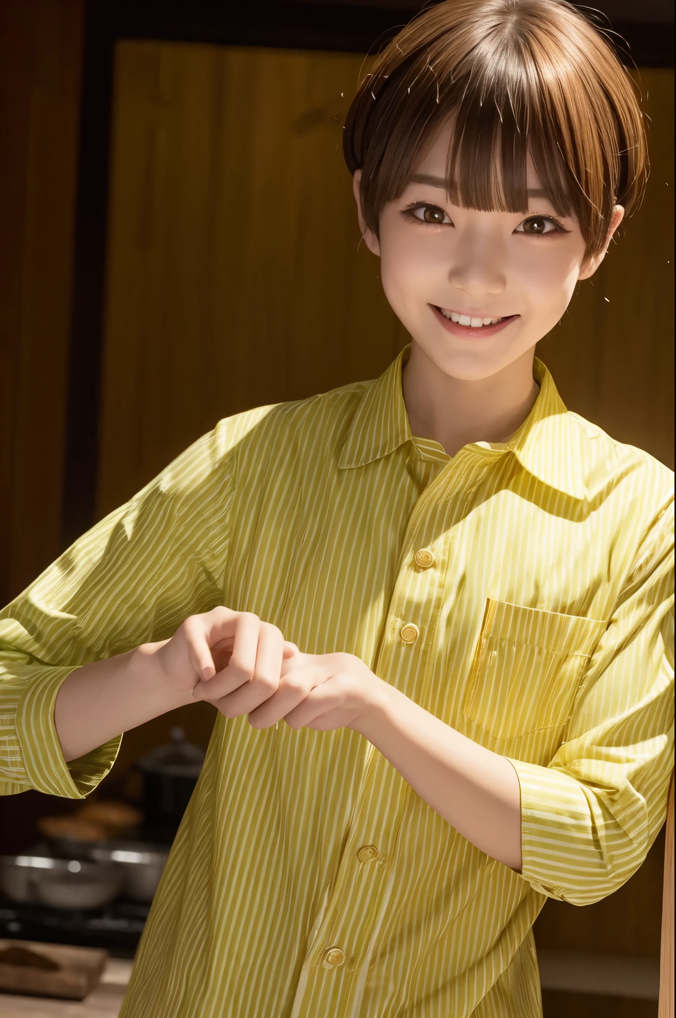 Red eyes, , Holding a knife, A yellow-green striped shirt with thick stripes, Red eyesが赤く光る, Tilt your head, Short brown hair、mushroom head, With a bright smile on his face, Character, Second Dimension, Golden flowers with a line of light overhead々standing between