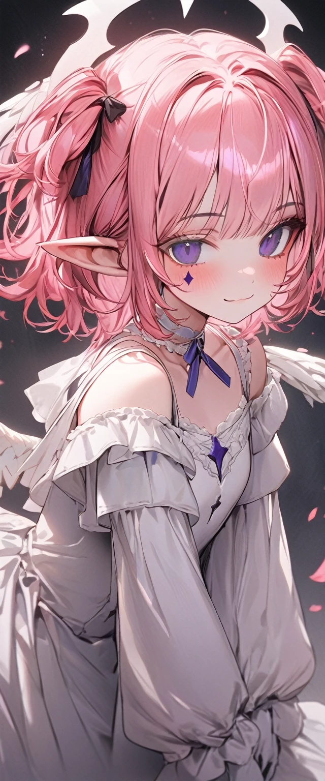 UHD, masterpiece, best quality, extremely detailed, anatomically correct, sharp focus, Midnight, gloomy atmosphere, Church, altar isle, 1girl, solo, camilavtuber, pink hair, short hair, shoulder length hair, curly hair, (white angel head wings:1.2), (twin ponytail), dark purple eyes:1.1, (facial mark), small mouth, closed mouth, smiling, crucifix choker, white arm sleeves, slim arms, white gloves, small chest, 1 angel wing, single wing, ((long white gown)), frilly gown, slim legs, white stockings, (white high heels), (full body) , (close-up), innocent pose, eye-level shot, front view, innocent pose, scattered pink petals