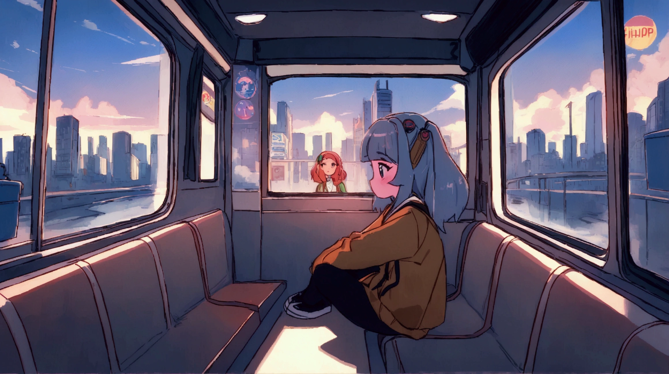 anime girl sitting on a bus looking out the window at the city, an anime drawing by Yuumei, trending on cg society, digital art, lofi hip hop, lofi girl, lofi artstyle, lofi art, lofi feel, chillhop, lofi vibes, lofi aesthetic, lofi, lofi girl aesthetic, anime aesthetic