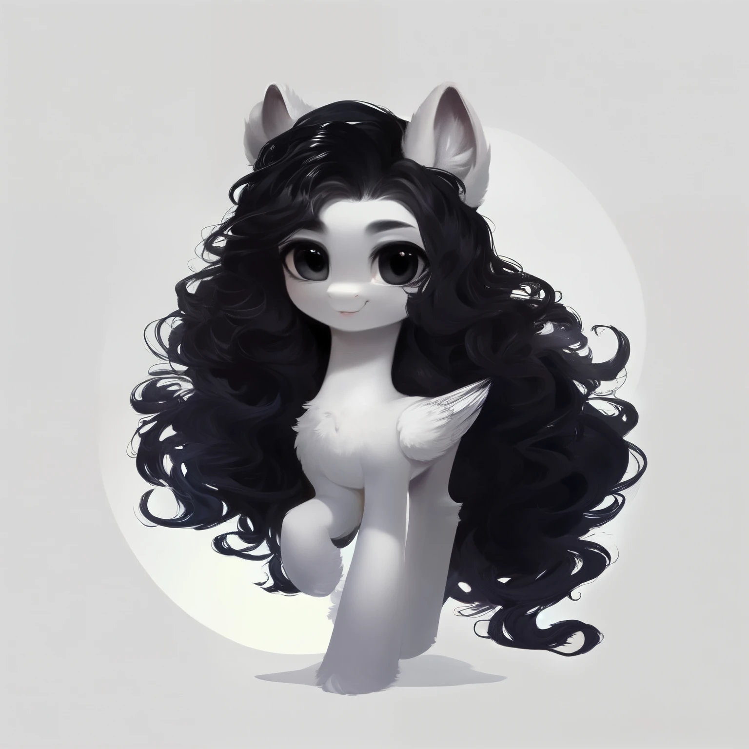 rating_safe, score_9, fluffy, feral pegasus pony, male,round cute face,Light gray body,Black mane,Long hair,Wearing hair,Big wavy hair,Black eyes,Cool,elegant。Standing picture, Ray Tracing。whole body。Standing。White background,Full body painting。Lovely,young,beautiful。Highest Quality,Black and white painting
