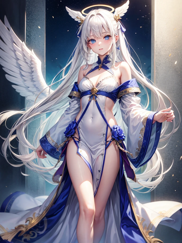 Anime, angel girl, 18 years old, pale skin, blue eyes, white hair, Halo over the head, small breasts, white antique clothes