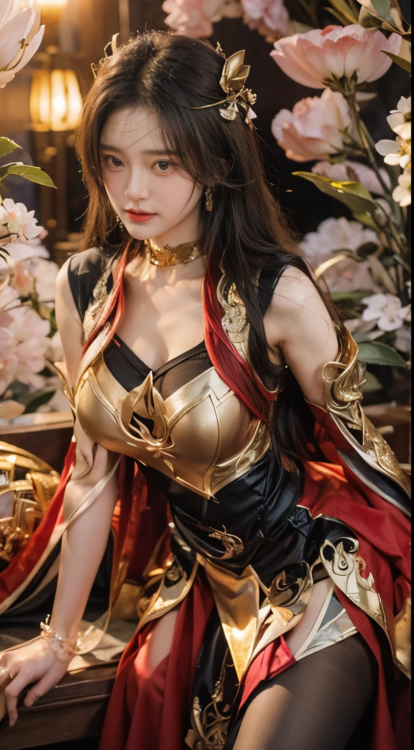 masterpiece, best quality, ultra-realistic, cute young woman, Korean idol, long red hair, wearing fantasy warrior outfit, sitting elegantly, one leg crossed over the other, confident expression, golden armor accents, red cape, high heels, dramatic lighting, cherry blossom petals in the background, luxurious drapery, nighttime setting, low angle shot, detailed facial features, cinematic composition, 85mm lens, portrait photography