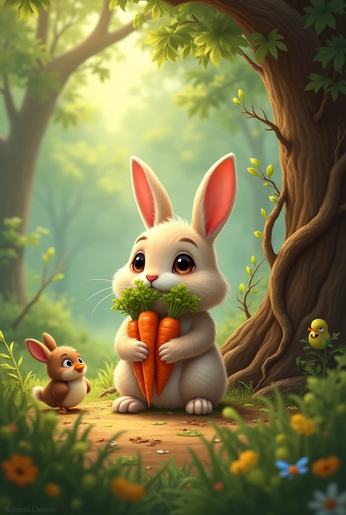 As time goes by, The bunny felt very lonely and had so many carrots that he didn't know what to do with so much food., So Pepito decided to go look for the little birds to apologize for not having shared with them..