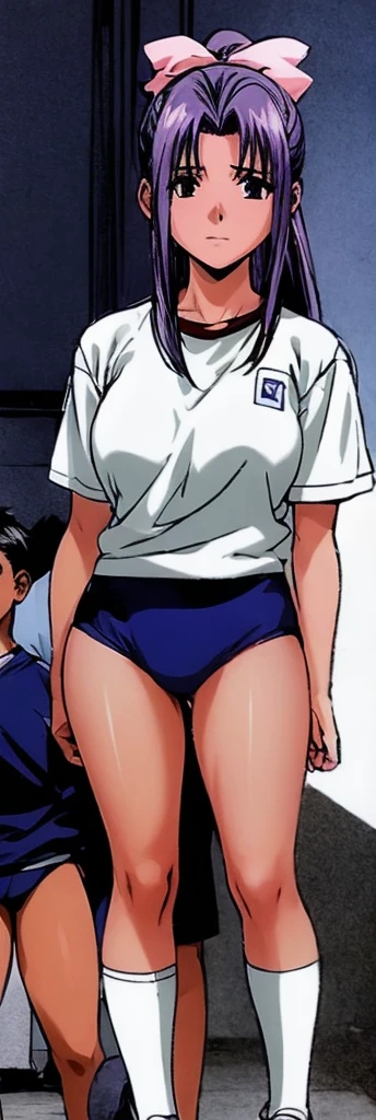 Momoko Koigakubo, with her beautiful legs, stands in a white gym uniform and light navy blue bloomers that look like panties.。Momoko Koigakubo is holding someone wearing a jersey。