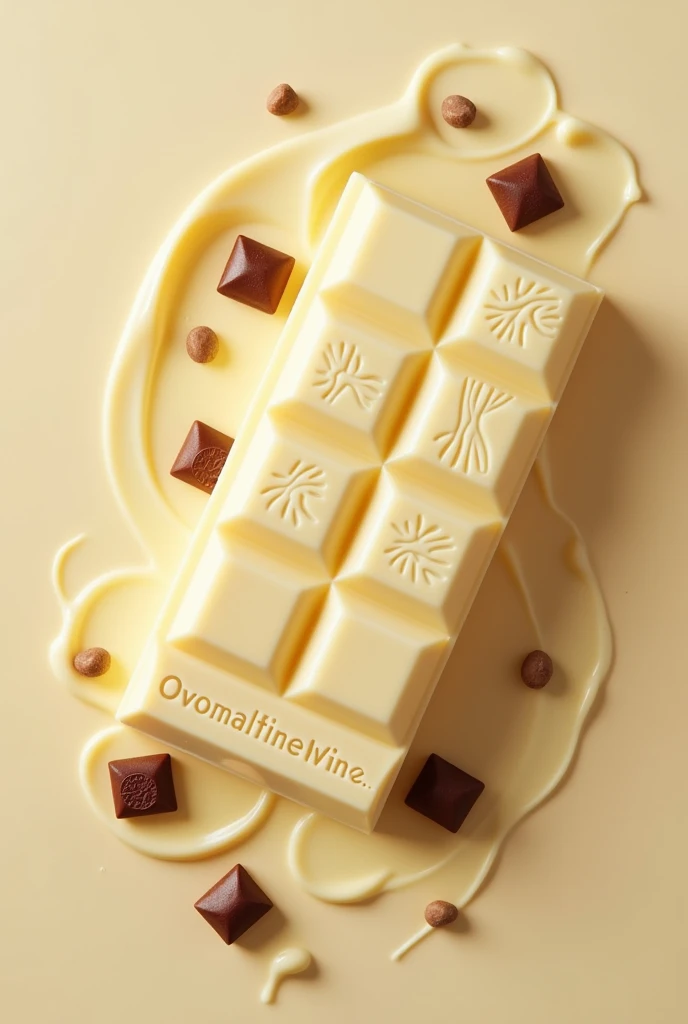 Com base na barra de chocolate Hershey's Ovomaltine, create packaging in the same format as the packaging for this product, but with white chocolate and ovomaltine soon. It's a white chocolate bar.