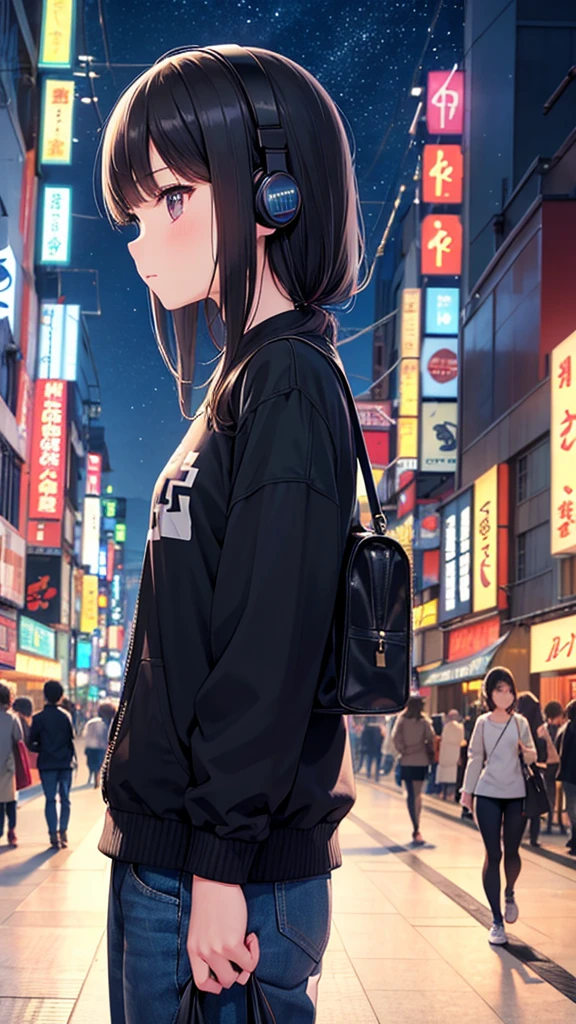 Traveling around Dotonbori in Osaka。A young girl with black hair wearing stylish clothes and headphones labeled "lo-fi" The girl is shown in profile, gazing into the distance with a calm, relaxed expression Background depicts the iconic scenery of Namba, Osaka at night, without any text on signs A starry night sky adding to the peaceful atmosphere Overall mood is quiet and serene, perfect for lo-fi music Detailed hair rendering and careful attention to the girl's fashionable outfit The entire scene should evoke a relaxing, introspective feeling associated with lo-fi music