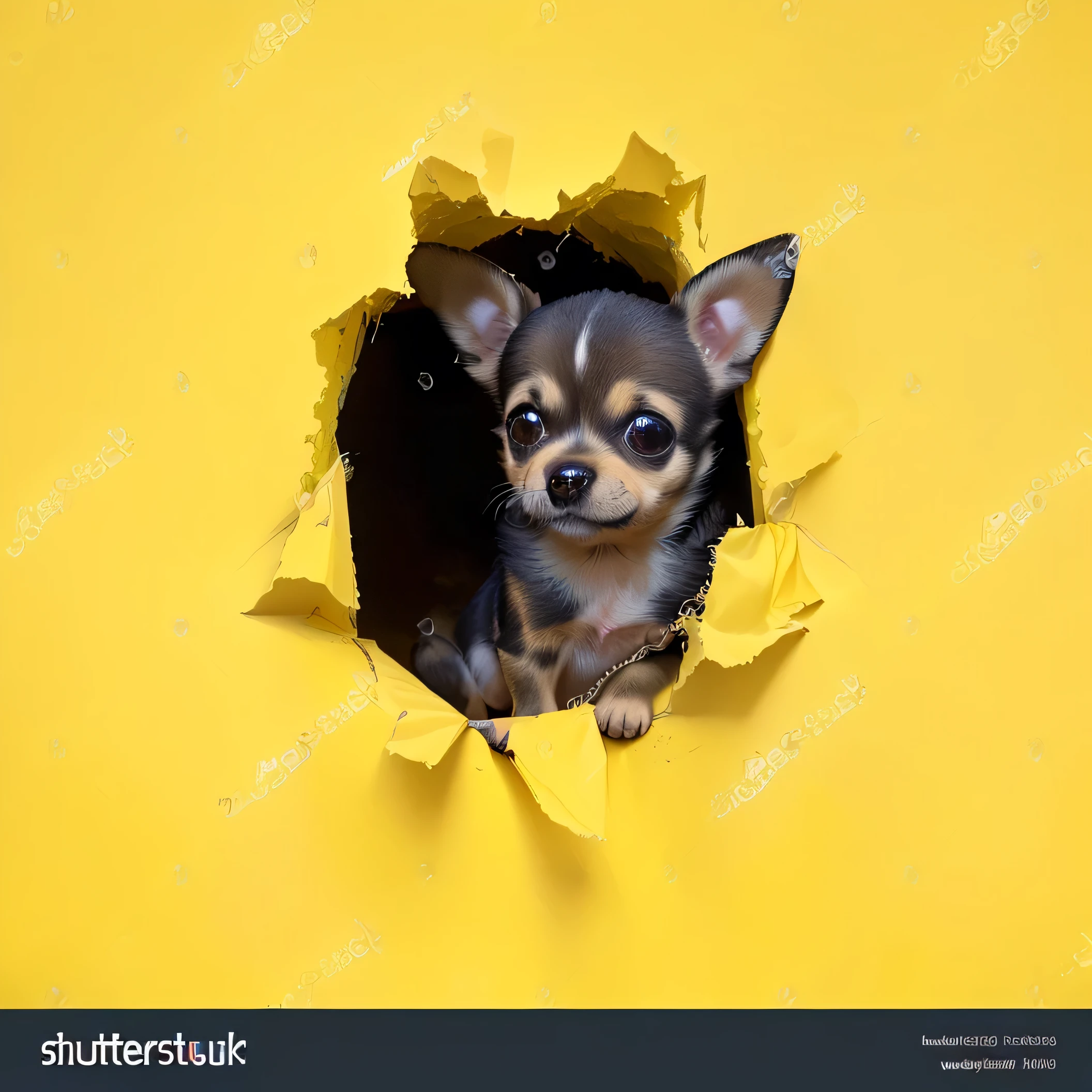 a Baby Dog looks out of a hole in a yellow wall, trending on shutterstock, shutterstock, shutterstock contest winner, Chihuahua, On a yellow canvas, god had dog Chihuahua's head, Baby Dog, on yellow paper, on yellow paper, featured on shutterstock, Portrait of a , yellow background, Cute lonely animal, Portrait of a 