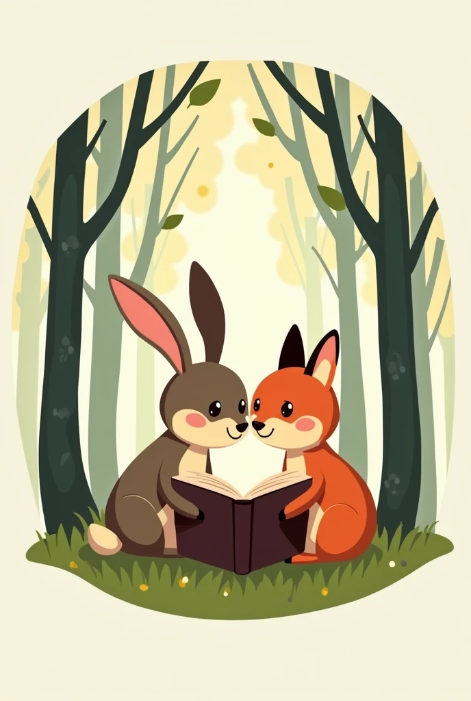 Logo with a rabbit and a fox reading a book, surrounded by trees