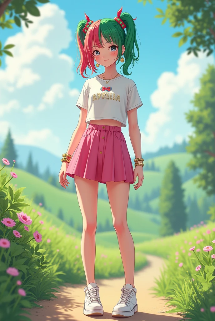A beautiful teenage girl wearing a short pink skirt and wearing a white shirt, orange hair, two-color hair tie, green and red hair, wearing a metal bracelet, wearing glass shoes, wearing helokiti earrings, wearing a necklace.displays "APRILIA" on his clothes.background in the countryside.small capital font.
