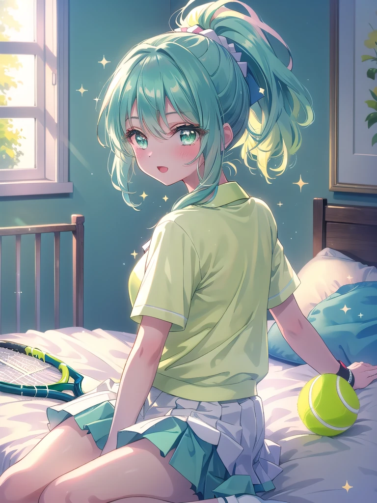 ((8k, Highest quality, masterpiece: 1.3)),Ultra-high resolution,(1 girl, alone), (Color changing eyes, Ultra-detailed, Expressive brilliance, Glitter, Glowing Eyes), Highly detailed eyes, Highly detailed face, Random Hair, ((pastel colour)),A cheerful young woman with pastel mint-green hair styled into a high ponytail, sitting on the edge of her bed in her sunlit bedroom during a bright afternoon. She is dressed in a cute yet subtly sexy tennis player cosplay, wearing a pleated white skirt, a fitted polo shirt, and a sweatband on her wrist. The camera captures her from a frontal angle as she playfully swings a tennis racket, her expression full of energy and joy. The room is filled with warm sunlight, with a tennis bag resting beside the bed, a few scattered tennis balls, and a vibrant, sporty atmosphere.