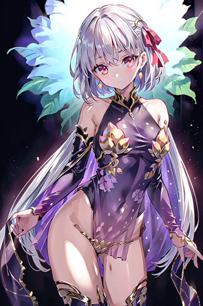1girl,solo,cowboy shot,slender body,,short stature,standing,(white hair:1.2),short hair,bob cut, slightly wavy,red bow,(red eyes:1.2),(beautiful fingers),medium breasts,beautiful breasts,masterpiece,best quality,(Ultra high definition eyes:1.2),8k,(Beautiful detailed eyes:1.2),(Fine and beautiful eyes:1.2),(pretty eyes:1.2),finely detail,extremely CG, absurdres,high resolution,illustration,Detailed and beautiful outlines,finely detail,high resolution,(colorful refraction:1.4,Increase saturation:1.2),beautiful lighting,dynamic lighting,closed room,black background,simple background, smile,looking at viewer,KamaDe, (OriginalKamaOutfit),purple sheer dress, purple sleeves,purple thigh boots