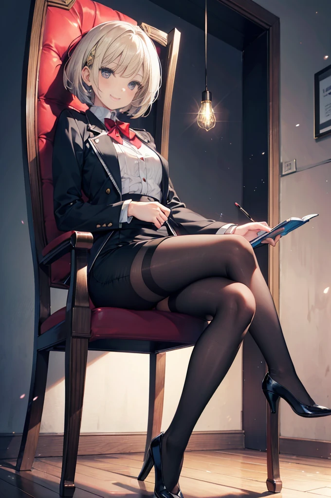 (masterpiece), 4K,woman,I have a pen,woman警察官,Small breasts,Small Ass,Bobcut,Light bulb lighting,Realistic, skinny, Amis Stockings,smile,Sit in a luxurious chair,((Knee-length pencil skirt)),