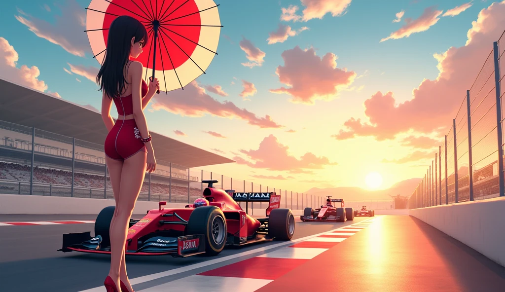 F1 race circuit. Race cars have the word JAPAN on them. A young Japanese race queen is standing in front of a race car holding a Japanese flag parasol. Her costume is separates with the word JAPAN on it. She is wearing a bangle on her arm. The background is beautiful and shining under the summer sun. Anime style. View from afar. Her beautiful legs are attractive, and her whole body from head to toe. She is wearing high heels.