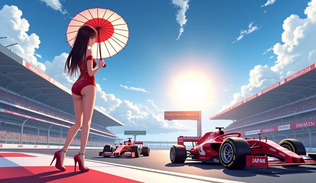 F1 race circuit. Race cars have the word JAPAN on them. A young Japanese race queen is standing in front of a race car holding a Japanese flag parasol. Her costume is separates with the word JAPAN on it. She is wearing a bangle on her arm. The background is beautiful and shining under the summer sun. Anime style. View from afar. Her beautiful legs are attractive, and her whole body from head to toe. She is wearing high heels.