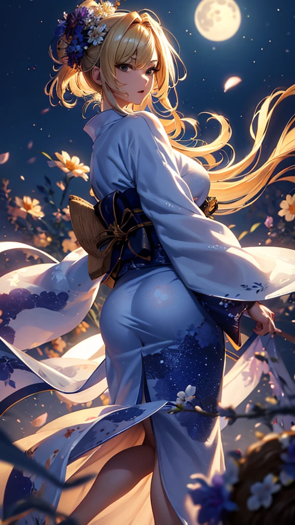 masterpiece, high quality, 4K, Beautiful design, silhouette，blonde， 非常に詳細な夜のStarry Sky,Flower Field， wonderful, Finer details,  Very knowledgeable woman, Highly detailed solo, 1 female,Big Breasts，Big Ass，Underwear Line，Yukata in white color，Night view，Starry Sky，full moon，