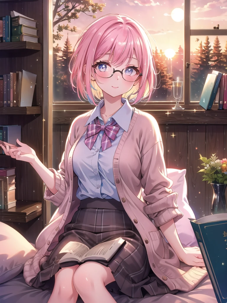 ((8k, Highest quality, masterpiece: 1.3)),Ultra-high resolution,(1 girl, alone), (Color changing eyes, Ultra-detailed, Expressive brilliance, Glitter, Glowing Eyes), Highly detailed eyes, Highly detailed face, Random Hair, ((pastel colour)),A lively young woman with pastel pink hair styled into a neat bob, sitting cross-legged on her bed in her softly lit bedroom during a golden hour evening. She is dressed in a modest yet subtly sexy librarian cosplay, wearing a pencil skirt, a fitted blouse, and stylish glasses. The camera captures her from a side angle as she grins while holding a book, her expression full of warmth and contentment. The room is warmly lit by the setting sun, with books neatly arranged on a nearby shelf, a cozy reading nook, and an inviting, intellectual atmosphere.