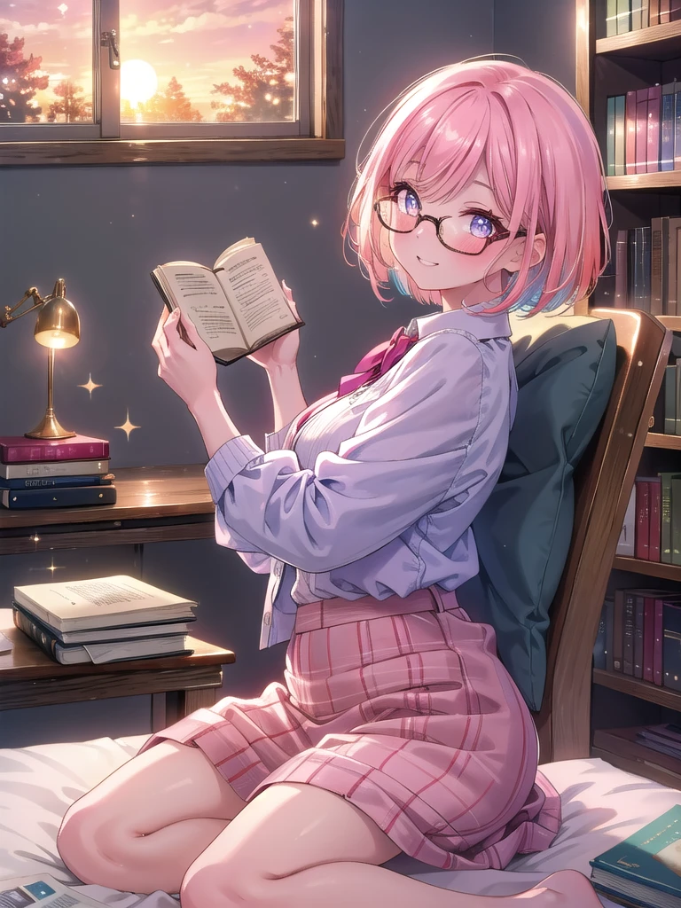 ((8k, Highest quality, masterpiece: 1.3)),Ultra-high resolution,(1 girl, alone), (Color changing eyes, Ultra-detailed, Expressive brilliance, Glitter, Glowing Eyes), Highly detailed eyes, Highly detailed face, Random Hair, ((pastel colour)),A lively young woman with pastel pink hair styled into a neat bob, sitting cross-legged on her bed in her softly lit bedroom during a golden hour evening. She is dressed in a modest yet subtly sexy librarian cosplay, wearing a pencil skirt, a fitted blouse, and stylish glasses. The camera captures her from a side angle as she grins while holding a book, her expression full of warmth and contentment. The room is warmly lit by the setting sun, with books neatly arranged on a nearby shelf, a cozy reading nook, and an inviting, intellectual atmosphere.